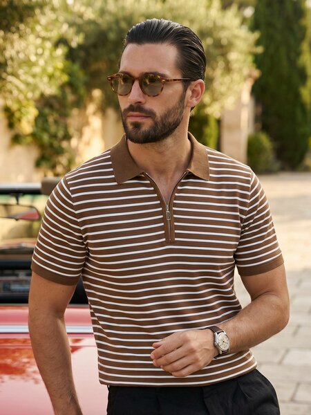 Golden Brown & White Yarn Dyed Polo T-Shirt (POLO-1257)