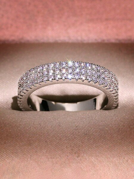 Shein Exclusive - 1pc Simple Micropavé Diamond Stacked Band Ring  Ring Ladies Jewelry For Women S925 Sterling Silver Exquisite Double Layer Ring Fine Jewelry Gift For Girls Daily Life Decor