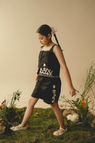 Orchid | Black cotton Co-Ord set with hand-embroidered detailing and square neckline