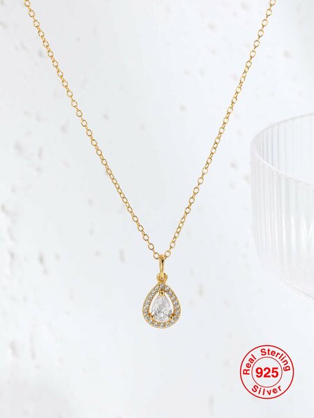 Shein - 1pc Pure 925 Sterling Silver Gold Plated Water-shaped Pendant Necklace With Rhinestone Decoration For Women, A Fashionable And Luxurious Versatile Jewelry Gift