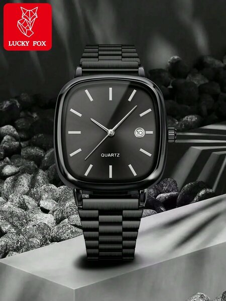 Shein - 1pc LUCKYFOX Minimalist Retro Steel Band Square Dial Calendar Watch