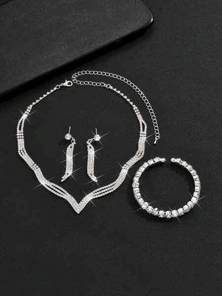 Shein - European And American Fashion Bridal Wedding Jewelry Set, Including Necklace, Earrings, Bracelet And Ring With Rhinestone For Women