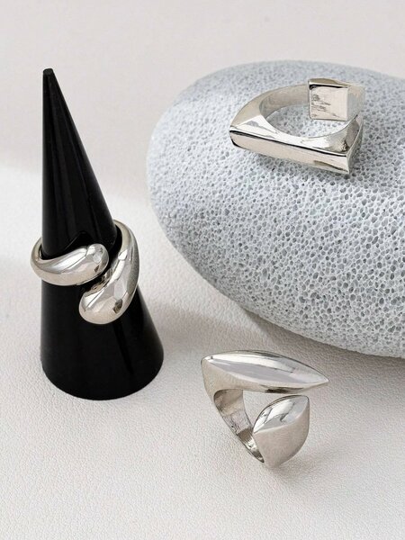 Shein - 3pcs Geometric Hollow Gold-Tone Rings, Minimalist Rings Set