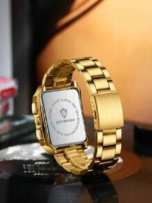 Shein - Men's Watch Gold Strap Rhinestone Square Dial Calendar Pointer Quartz Watch, For Daily Life Waterproof Father
