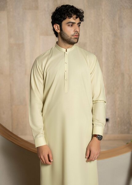 Buraq Men RTW Solids Wash N Wear Kurta Shalwar Suit Cream Casual Collection