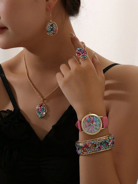 Shein - 6pcs/Set Multicolor Rhinestone & Crushed Stone Inlaid Exaggerated Personality Fashionable Metal Necklace Kit & 1pc Women's Casual Quarts Wrist Watch With Pu Band Suit For Daily And Festival Dressing Up