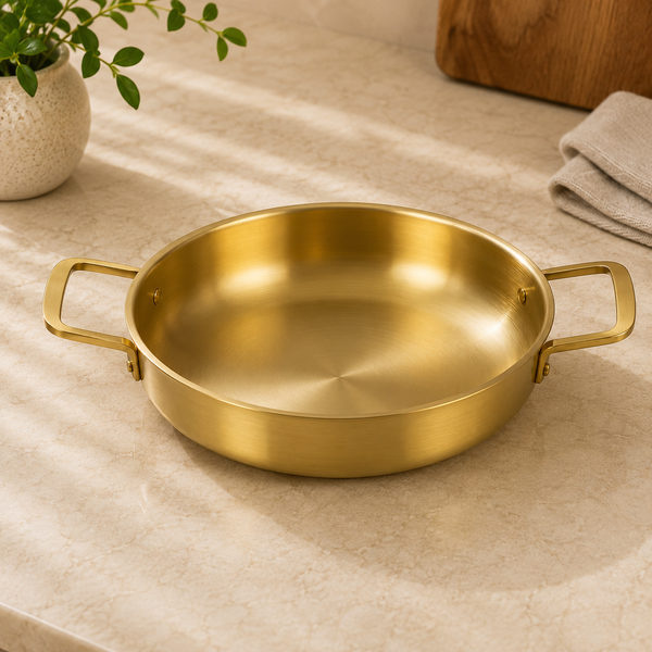 Golden Stainless Steel China Wok – Deep Frying & Stir-Fry Pan with Handles (Available in 22 cm, 24 cm, 26 cm & 28 cm)