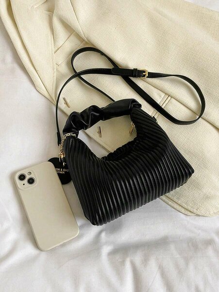 Shein- Fashionable Minimalist Wrinkled Woven PU Zipper Handbag