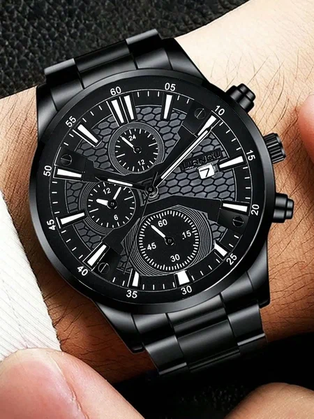Shein - Fashion Men's Quartz Watch Set With Calendar Function, Zinc Alloy Case And Strap, Round Dial