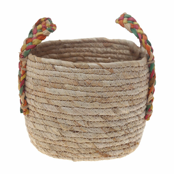 Handwoven Round White Basket with Multicolor Braided Handles – Small Natural Fiber Storage Organizer