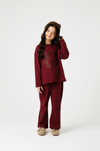 Girls Tiger Choco Maroon Terry Co-ord Set