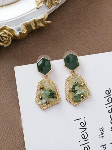 Shein - 2pairs/set Green & White Natural Stone French Style Vintage Emerald Drop Earrings Set