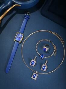 Shein - 1pc Vintage & Elegant Rhinestone Decorated Long Rectangle Quartz Watch And Jewelry Set (5pcs),