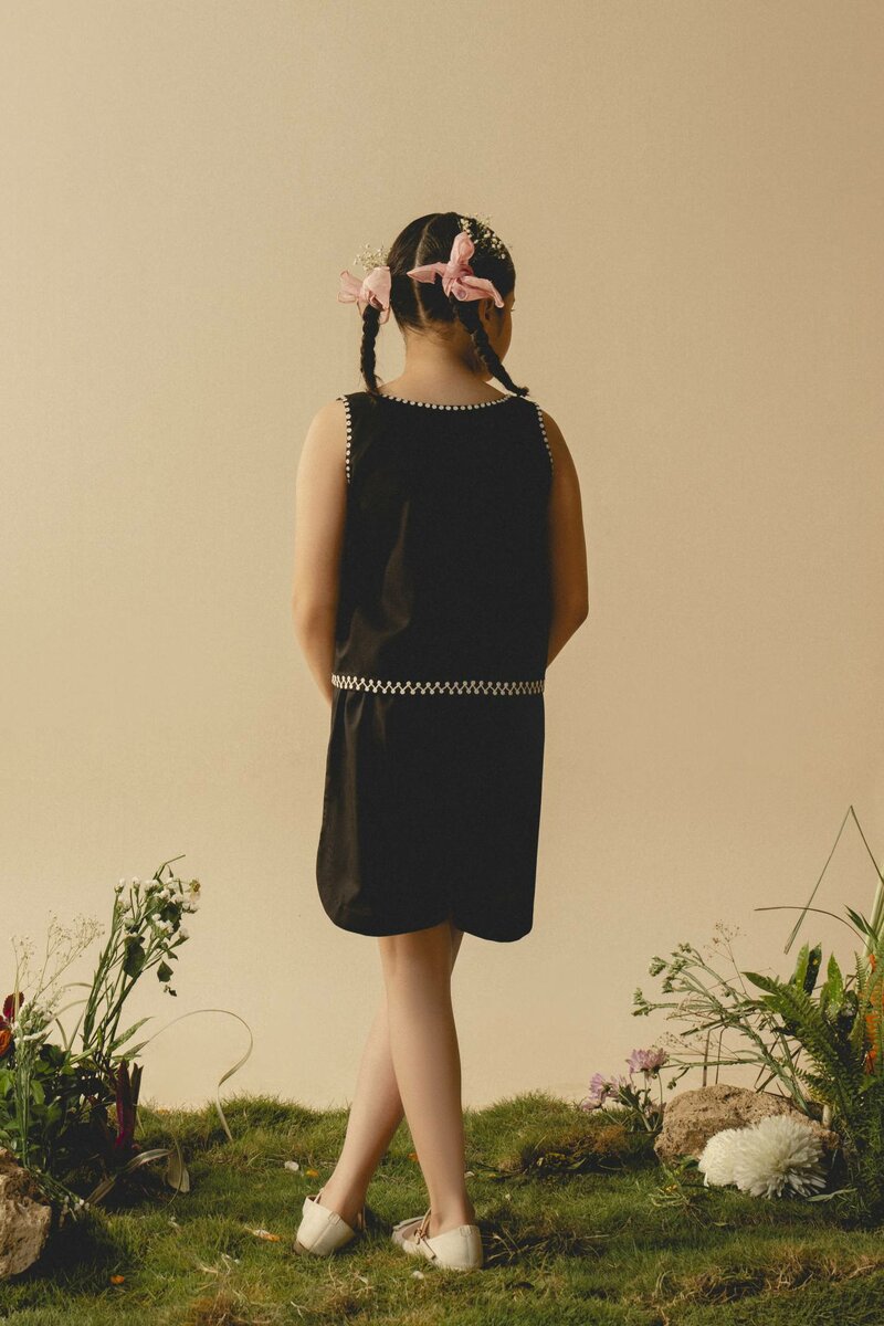 Orchid | Black cotton Co-Ord set with hand-embroidered detailing and square neckline