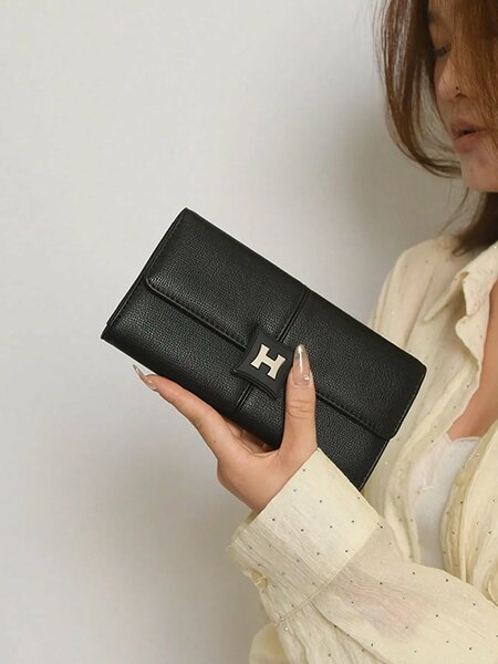 Shein - Faux Leather Women's H-Buckle Clutch Wallet With Card Slots