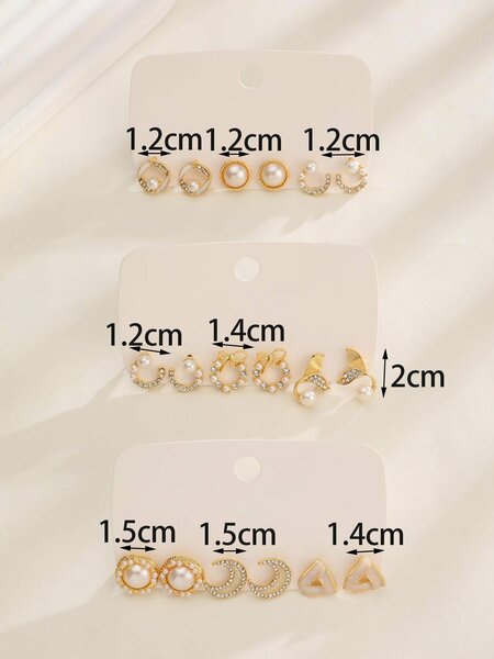 Shein - 9pairs/set Fashionable Zinc Alloy Rhinestone Moon & Faux Pearl Decor Stud Earrings For Women For Daily Decoration