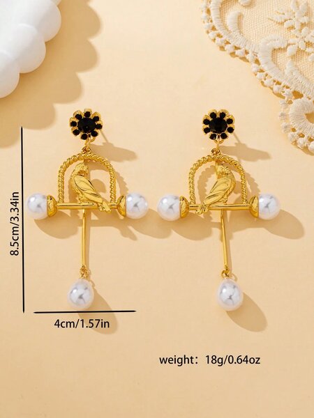 Shein - Fashionable Elegant High-End Pearl Bird Cage Dangle Earrings