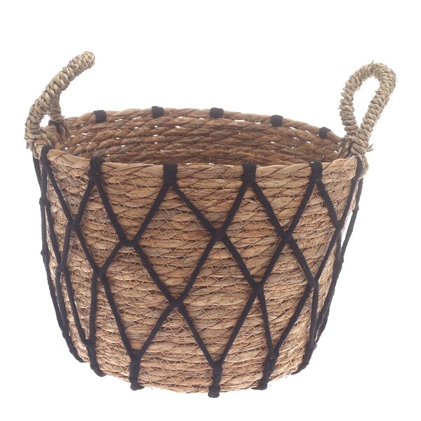 Medium Woven Storage Basket with Black Rope Detail – 11 x 11 x 8 Inch