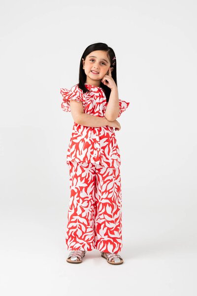 Girls Red Printed Cotton Co-ord Set