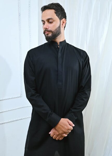 Ethnic Wear by Alif Yay Plain Cotton Suit 2 Piece Black Kurta Pajama - Mens Collection