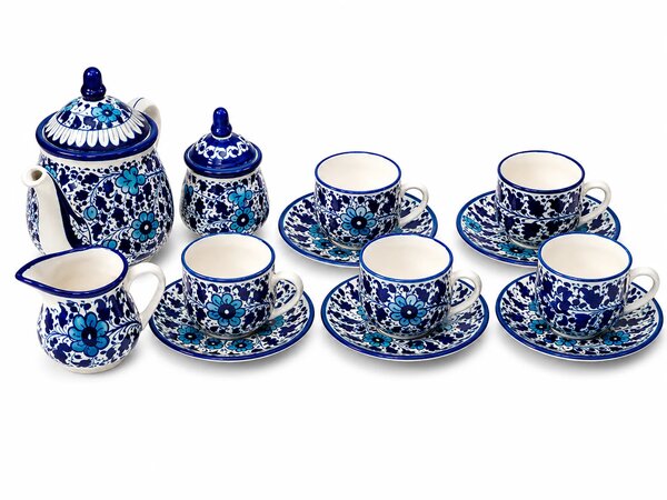 Handcrafted Multi Blue Pottery Ceramic Tea Set – 15 Piece Floral Tea Serving Set