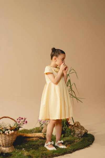 Marigold | Cream cotton blend pleated dress with hand-embroidered collar