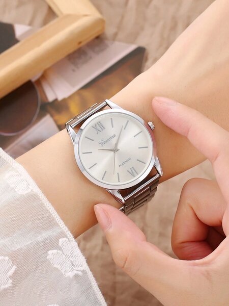 Shein - 2pcs/Set Women's Roman Numeral Dial Quartz Watch With Steel Band + Gemstone Butterfly Bracelet