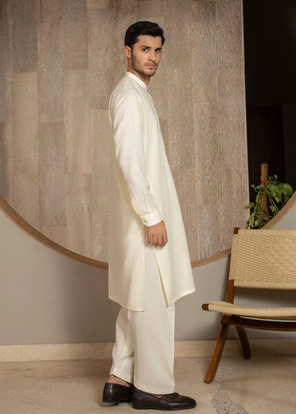 Buraq Men RTW Solids Wash N Wear Kurta Shalwar Suit Off White Ban Casual Collection