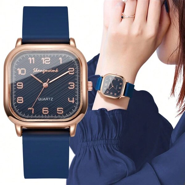 Shein - 1Pc Women Casual Square Digital Scale Dial Fashion Quartz Wrist Watch With Silicone Strap