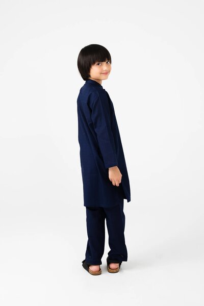 Boys Navy Blue Cotton Jacquard Kurta Set
