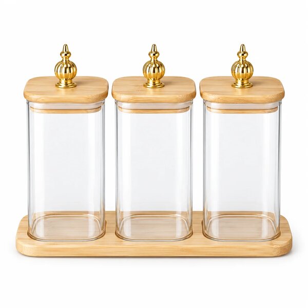 3-Piece Glass Jar Set with Wooden Stand
