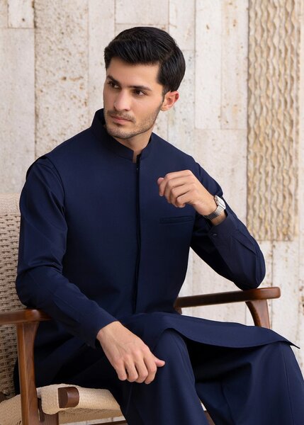 Buraq Men RTW Solids Blended Cotton 3 Piece Suit Navy Blue Winter Collection