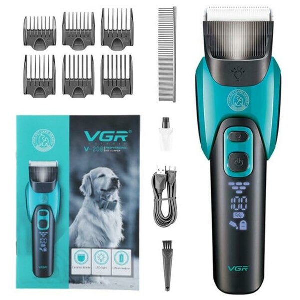 VGR - 208 Professional Cordless Pet Hair Clipper  CeramicTitanium Blade, LED Display, 6 Guide Combs, min Runtime
