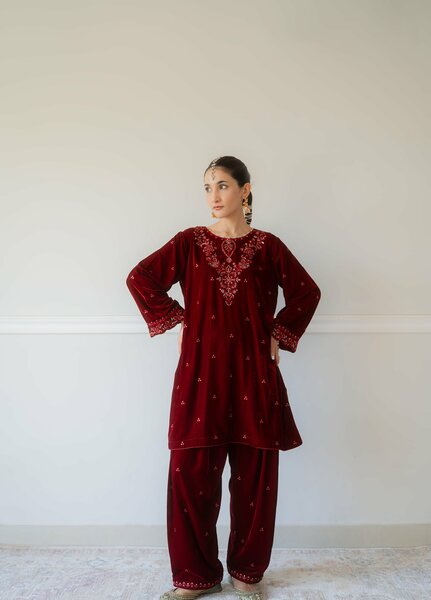 Atelier Velours by Rashid Textiles RTW Embroidered Velvet 2 Piece Suit RT26RAV Ruby - Festive Collection