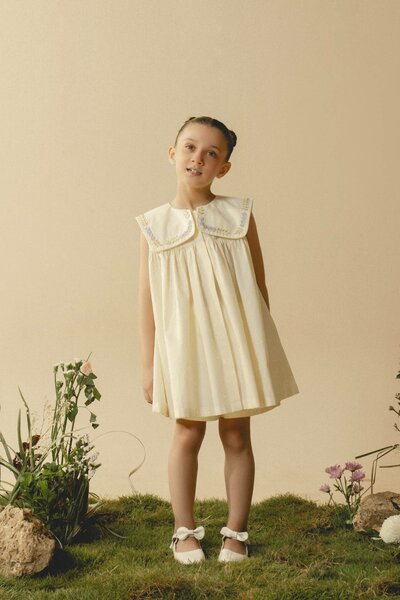 Cecile | Cream pleated dress with hand-embroidered collar