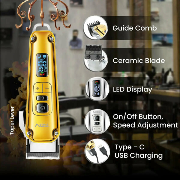 VGR - Professional Hair Clipper, Salon Trimmer With Digital Display