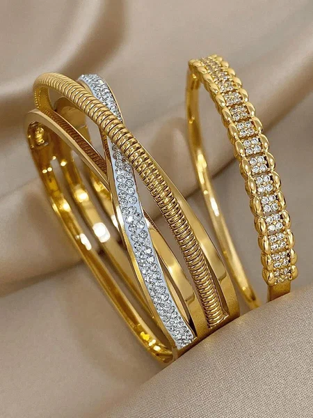 Shein - 18K Gold Plated Stainless Steel Luxury Vintage Zirconia Bangle Bracelets