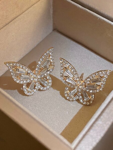 Shein - 1pair Rhinestone Decor Hollow Out Butterfly Shaped Stud Earrings