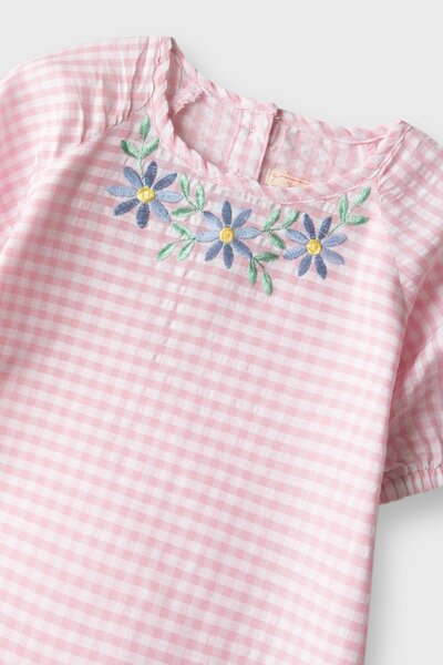 Pink Checkered Embroidered Top