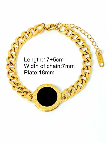 Shein - 1Pc Stainless Steel Cable Chain Double-Sided Black & White Shell Roman Numbers Charm Bracelet