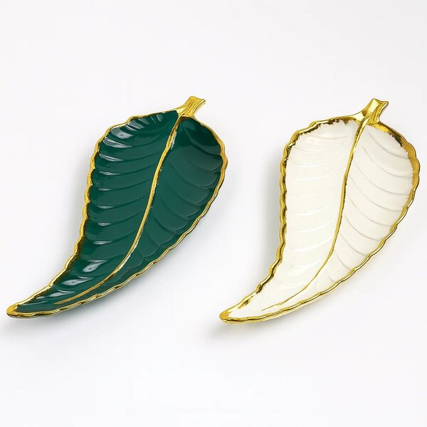 1Pc Leaf Platter Single – Green & White | Luxury Ceramic Serving Tray