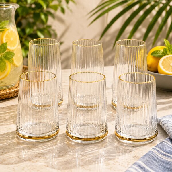 6 Pcs Clear Ribbed Glass Set with Golden Rim & Base – Elegant Drinking Glass Set