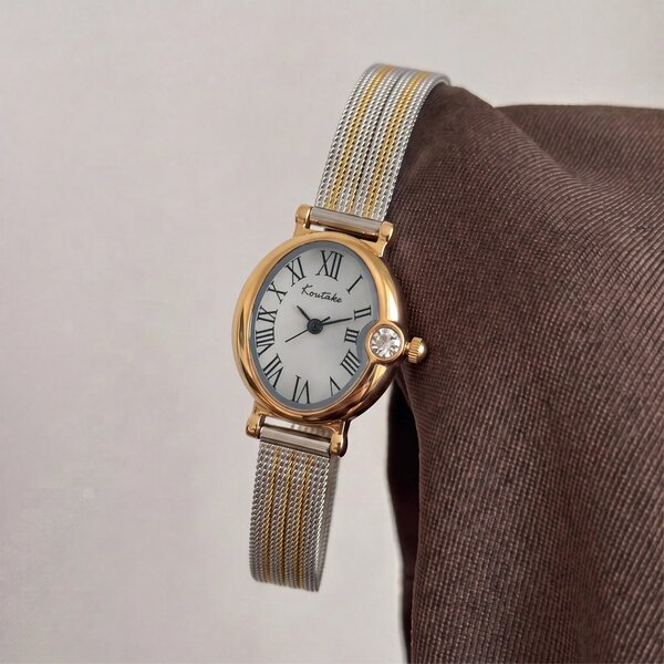 Shein - Vintage Oval Roman Numeral Dial, Silver & Gold Band Watch