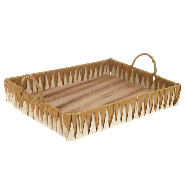 Large Handwoven White & Yellow Decorative Tray with Wooden Base – 12 x 16 Inch