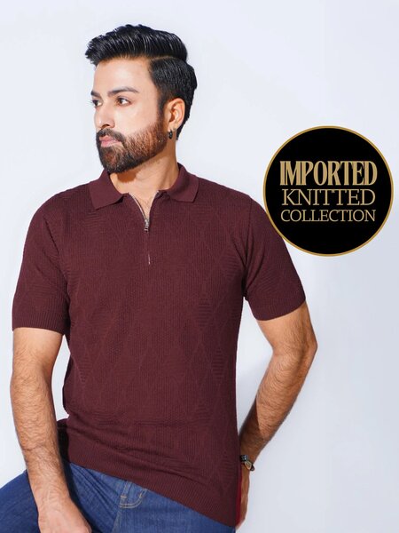 Burgundy Sweater Knitted Zipper Polo (SKZP-019)