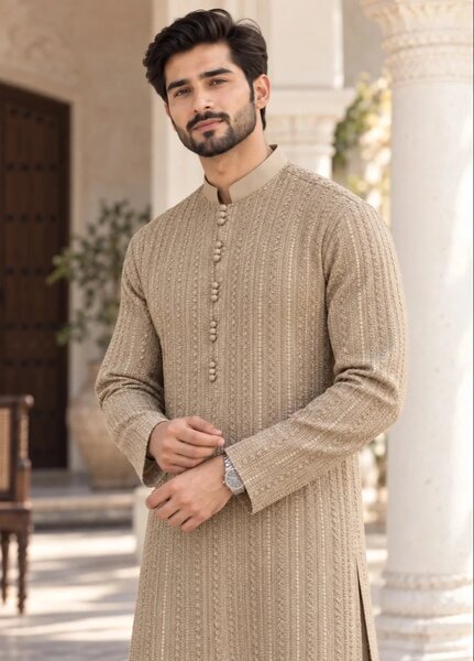 TGM Mens RTW Chikankari Chikankari Kurta Pajama Suit Titan Beige Festive Collection