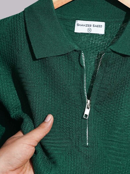 Bottle Green Sweater Knitted Zipper Polo (SKZP-023)