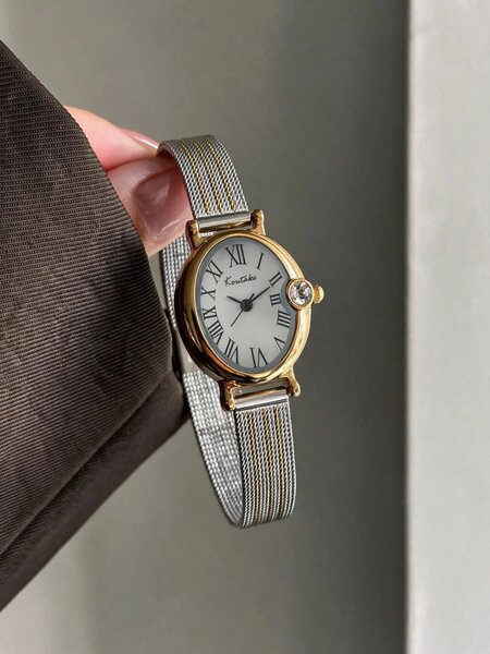 Shein - Vintage Oval Roman Numeral Dial, Silver & Gold Band Watch