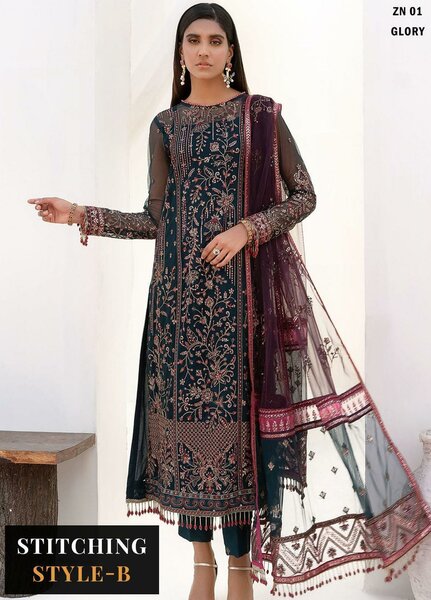 Nazneen By Zarif Embroidered Net Suits Unstitched 3 Piece ZR25UF ZN 01 Glory - Luxury Formal Collection