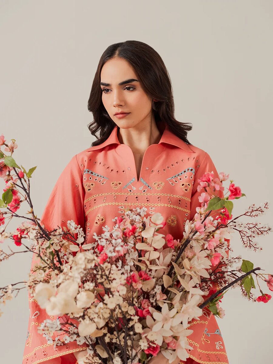 Coral- 2Pcs Embroidered Coord Set